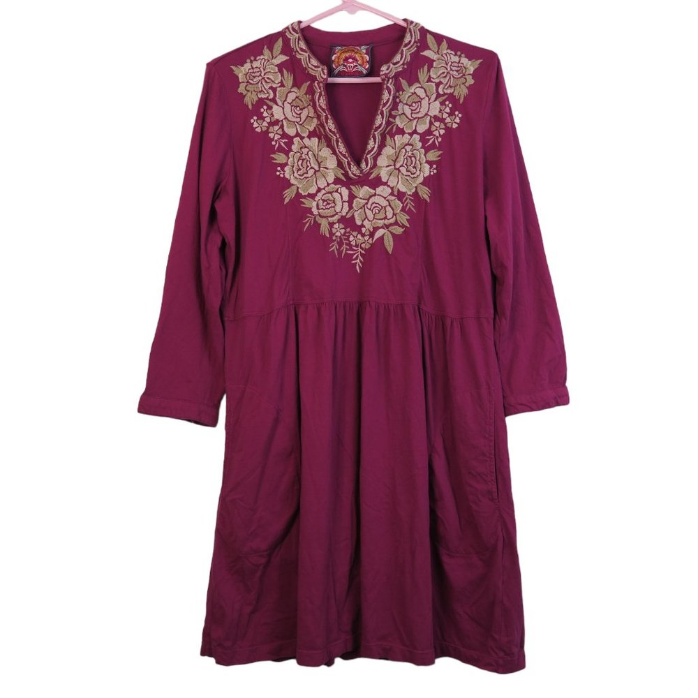 Johnny Was Embroidered Purple Mini 3/4 Sleeve Pocket Dress - Medium